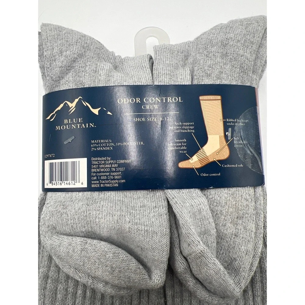 Blue Mountain Mens Odor Control Crew Socks 6 Pair Pack Grey Large Shoe Size 8-12